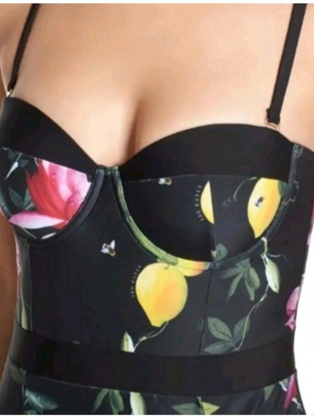 Ted Baker London One Piece Swimsuit Black Floral Lemon Print Underwire Bustier - Picture 11 of 14